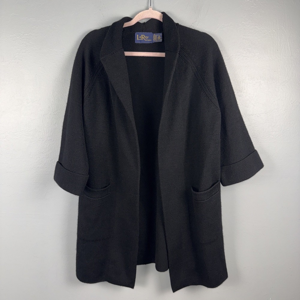 LeRoy Knitwear 100% Virgin Wool Open Cardigan Sweater M Black Heavyweight VTG
